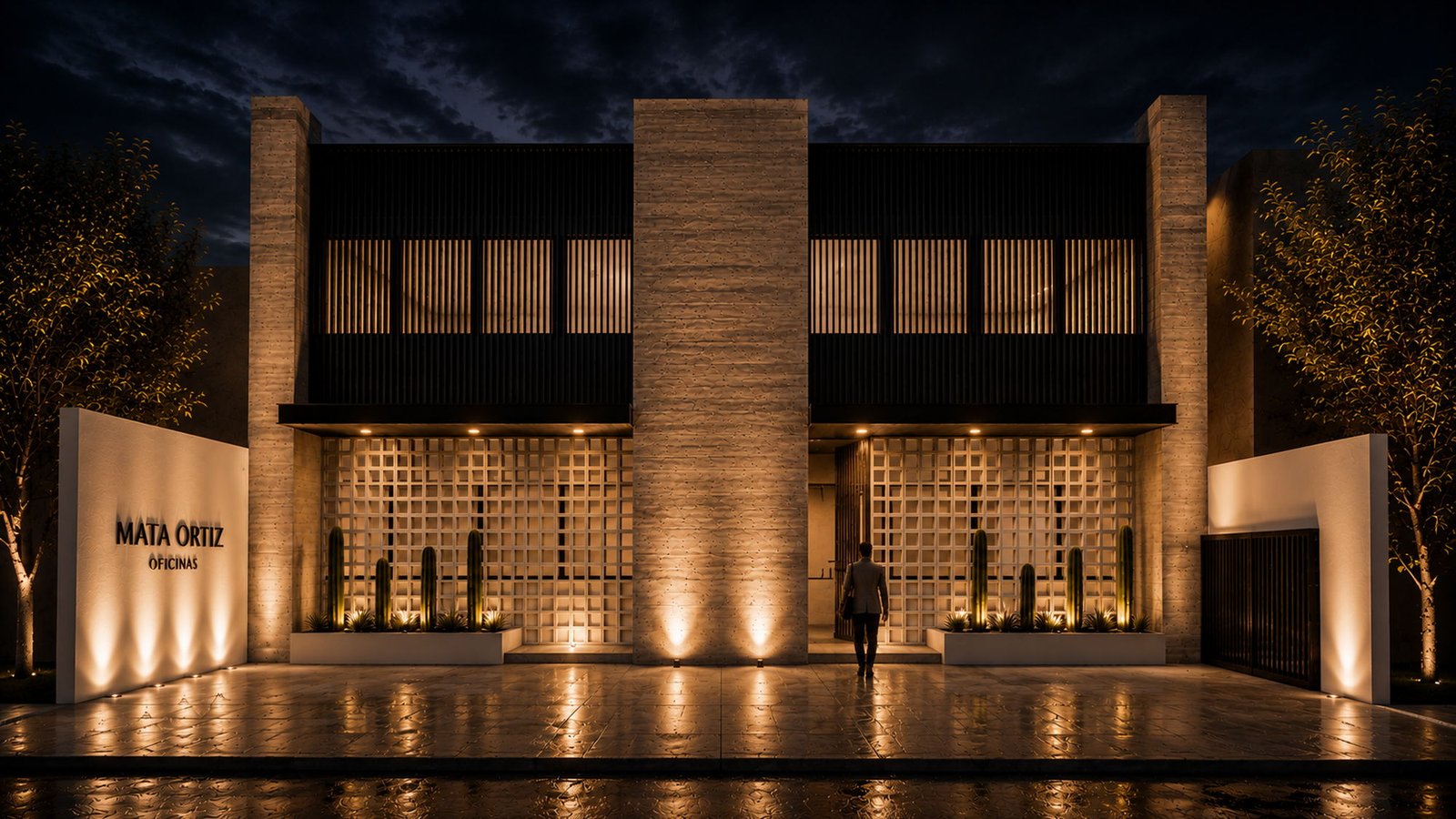 Fachada nocturna de Oficinas Mata Ortiz, edificio corporativo en Chihuahua